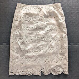 Bill Blass 12 silk cotton eyelet lace off-white knee length skirt scalloped